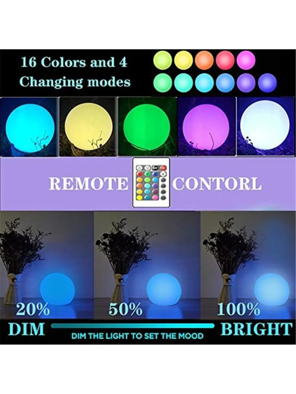 LED Ball Light, 6-Inch Rechargeable & Remote Control Globe Lights 16 RGB Colors